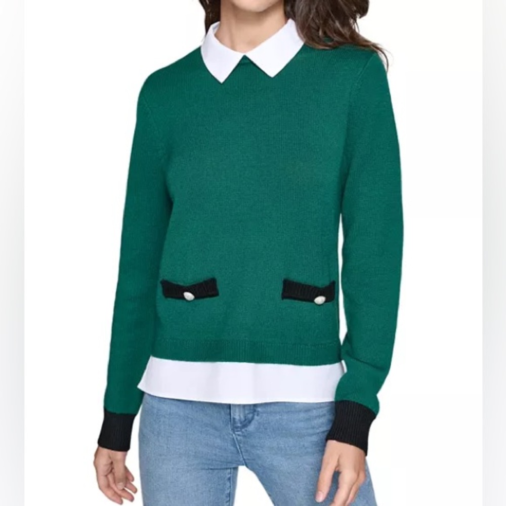 NWT Women KARL LAGERFELD Green Crewneck Shirt neck Sweater Casual Chic Office